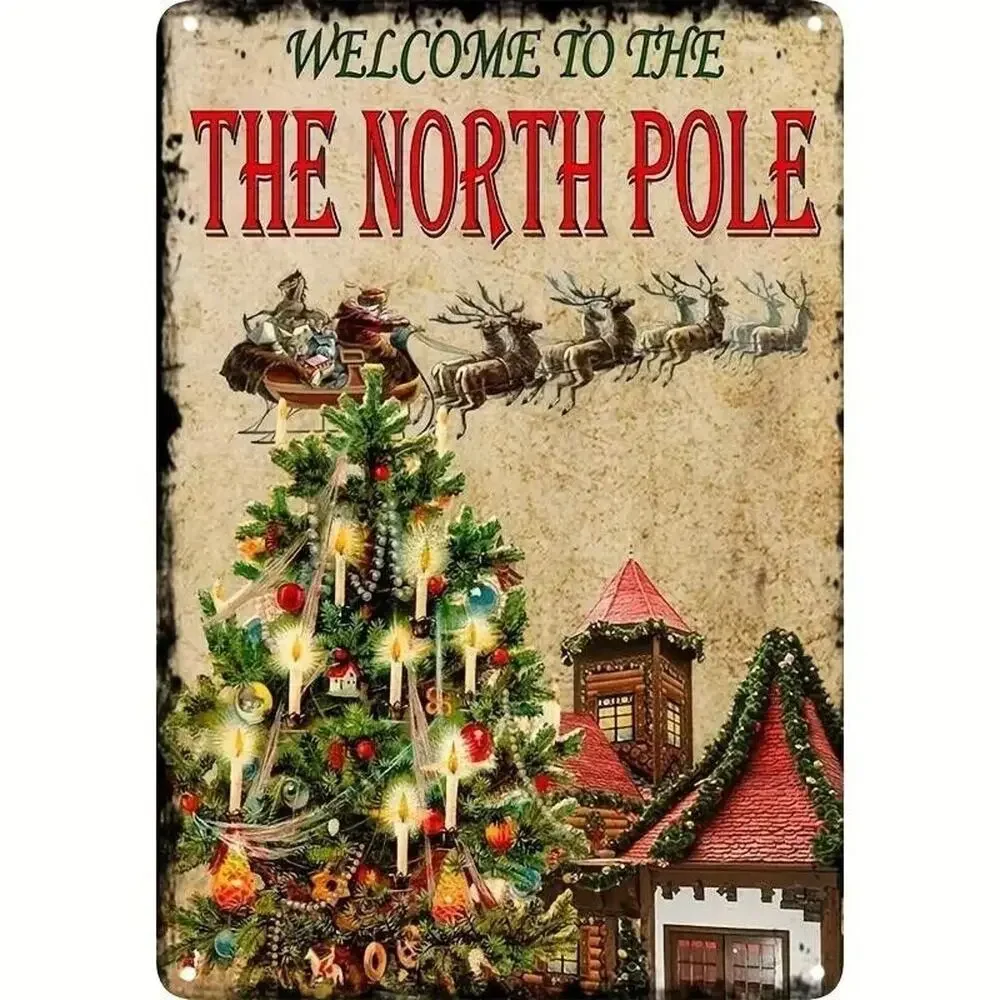 Metal Tin Sign “Welcome To The North Pole” Santa Reindeer Sleigh Christmas Tree